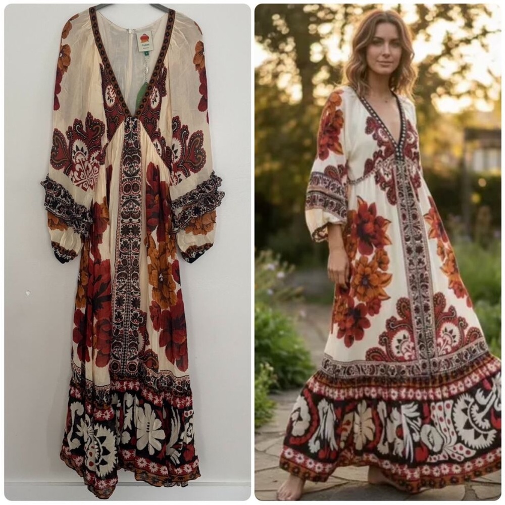 FARM Rio Sand Winter Tapestry V Neck Maxi Dress